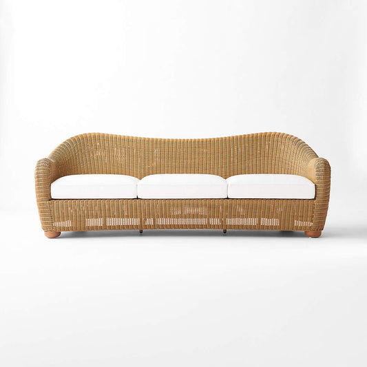 BACIO LIGHT BROWN ALL-WEATHER RATTAN OUTDOOR SOFA WITH WHITE SUNBRELLA® CUSHIONS BY ROSS CASSIDY